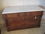 Walnut Eastlake 3 Over 3 Chest w/ Marble Top Burled Accent & Escutcheons on Casters