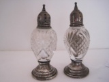 Pair - Crystal Diamond & File Pattern Salt/Pepper Shakers w/ Sterling Weighted Base/Lid