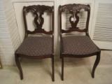 Pair - Mahogany Floral/Foliage Carved Back Chairs w/ Upholstered Seat