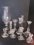10 Crystal/Pressed Glass Candlesticks Column, Chamber & Other