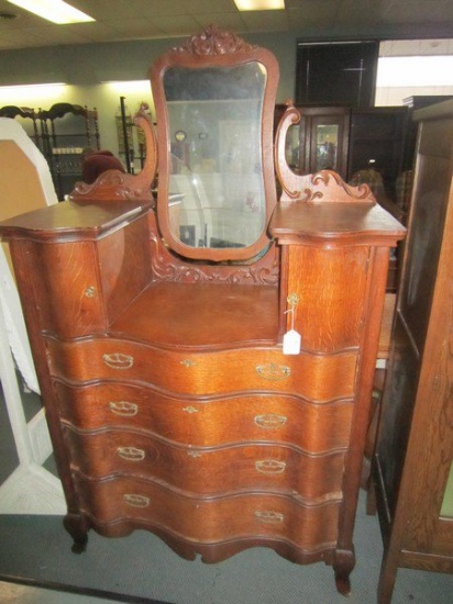 Wood Veneer Ornate Carved Serpentine Front Vanity w/ Mirror, Fleur De Lis Design