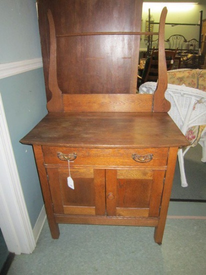 Vintage Wooden Washstand Dry Sink Dresser 2 Hutch Doors, 1 Drawer w/ Ornate Metal Pulls