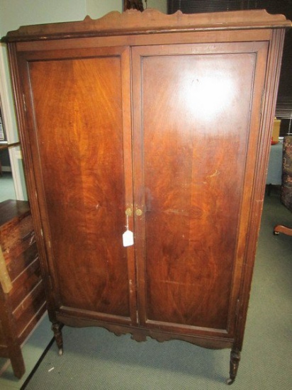 Vintage Wood Wardrobe/Dresser 3 Inlay Drawers, 1 Inlay Shelf, 2 Hutch Doors, Metal Pulls