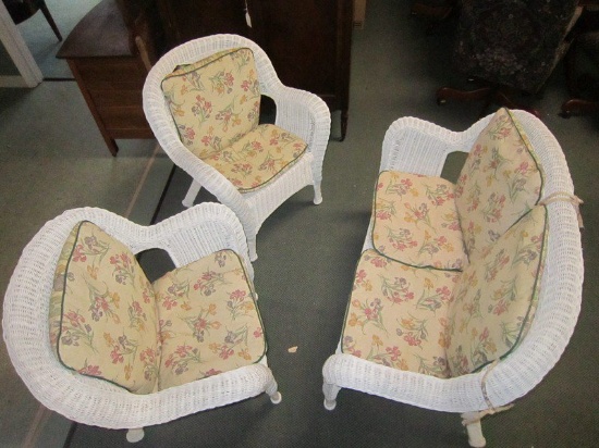 3 Piece White Wicker Porch Set, 2 Chairs, 1 Bench