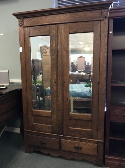 Vintage 2 Mirrored Door, 2 Drawer Dresser Carved Leaf Motif