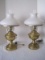 Pair Victorian Era Style Oil Lamp Design Table Lamps w/ Milk Glass Crimped Shade, Chimney &