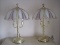 Pair Brass Finish 3 Light Table Lamps w/ Pink/Mauve Butterfly Wing Design Panel Shades