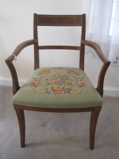 Classic Style Mahogany Arm Chair w/ Marquetry Back & Floral Needlepoint Seat