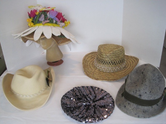 Lot Ladies Hats - Woolfelt, Betmar New York Wool, Straw w/ Faux Pearl/Gold Tone Band,