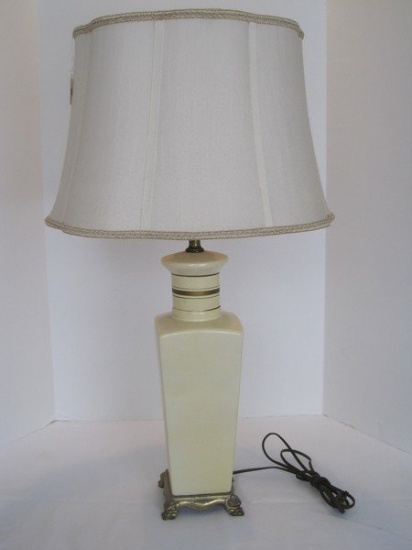 Porcelain Vase Style Ivory Color Table Lamp w/ Band Design on Brass Finish Paw Feet