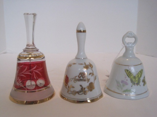 2 Porcelain Hand Bells Butterfly / 50th Anniversary & Bohemia Crystal