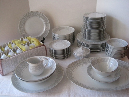 87 Pcs. Imperial China Whitney Pattern Gray Band w/ Leaf Scrolls Design Dinnerware