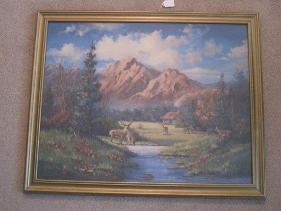 Deer by the Brook Cabin/Mountain Landscape Print in Gilded Frame