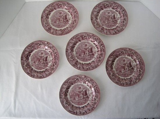 6 Wedgwood Ferrara Plum Pattern Flowers, Ships & Buildings Design Plates (7 1/8" Diameter)