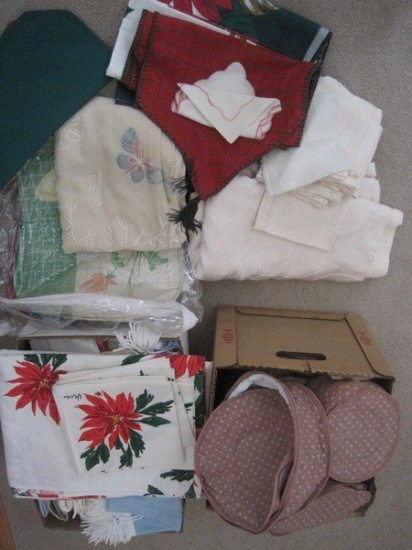 Lot - Linen/Vinyl Table Cloths, Napkins, China Keepers, Vera Poinsettia Pattern Damask & Other