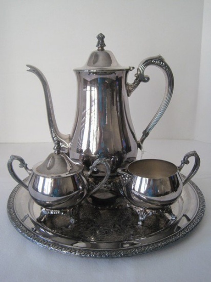 Oneida Ltd. Silverplate Coffee Pot w/ Creamer, Covered Sugar Bowl & Engraved Round Tray