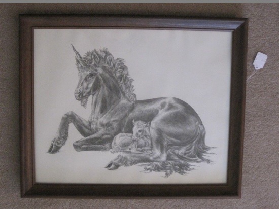 Resting Unicorn w/ Foal by Artist M. Pena ©1981 in Wooden Frame