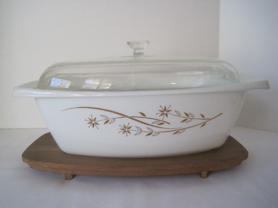 Vintage Pyrex Golden Honeysuckle Pattern Milk Glass Covered Casserole