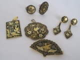 Lot Intaglio Classic Designs Gold Tone /Black Background 2 Pendants, Brooch,