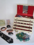 Lot Vintage Jewelry Box w/ Misc Necklaces, Pendants, Earrings, 2 Belts, etc.