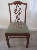 Mahogany Chippendale Style Chair w/ Intricate Back & Floral Needlepoint Seat