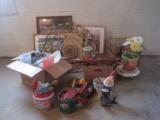 Lot Misc Vases, Milk Glass Bowl, Molded Gnomes, Planters, Tins, etc