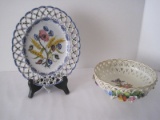 Lot Dressed Porcelain Footed Bowl Pierced Gallery, Embellished w/ Flower/Foliate & Gilt Trim