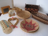 Lot Misc, Baskets, Coasters w/ Holder, Braided Double Heart & Decorative Donkey Wall Accent