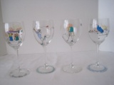 Set 4 Crystal Wine Stems w/ Hand Painted Comical Lady Golfers Design Stem Base