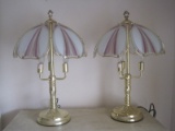 Pair Brass Finish 3 Light Table Lamps w/ Pink/Mauve Butterfly Wing Design Panel Shades