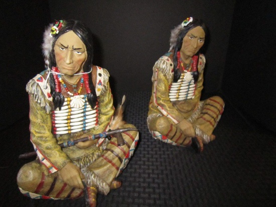 Pair - Native Americans Sitting Figures w/ Feathers