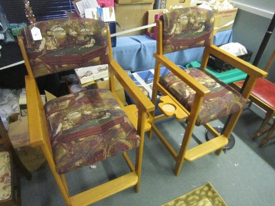 Pair - Wood Bar/Snooker Theme Upholstered Bar Chairs w/ Drink Holders