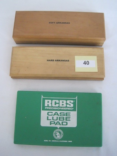 Lot - Arkansas Hard/Soft Sharpening Stones in Wood Case & Case Lube Pad