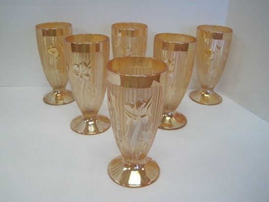 6 Iris & Herringbone Pattern Marigold Carnival Glass Footed Iced Tea Tumblers