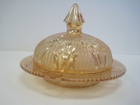 Iris & Herringbone Pattern Marigold Carnival Glass Covered Dome Butter Dish