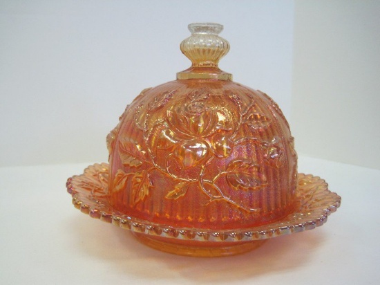 Lustre Rose Marigold Carnival Glass Dome Covered Butter Dish by Imperial Glass, Ohio