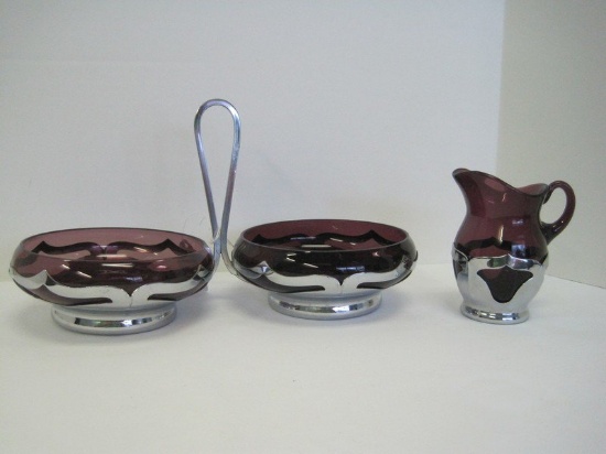 Lot- Double Amethyst Glass Bowl Inserts by Cambridge w/ Farber Bros.