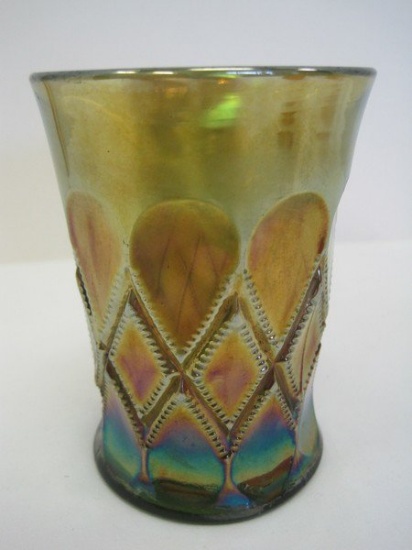 Diamond Harliquin Pattern Green Carnival Glass Tumbler by Millersburg Glass