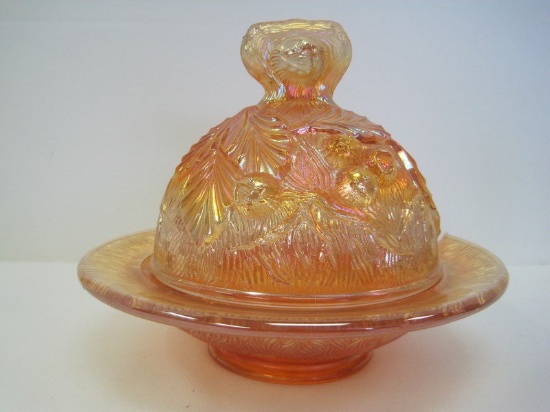 Northwood Marigold Carnival Glass Acorn & Burr's Pattern Dome Covered Butter Dish