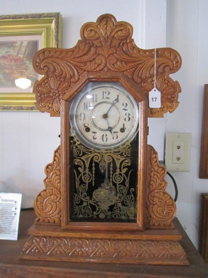 Ornate Mid-Century Modern Mantel Wood Clock w/ Pendulum Ornate Church Scene