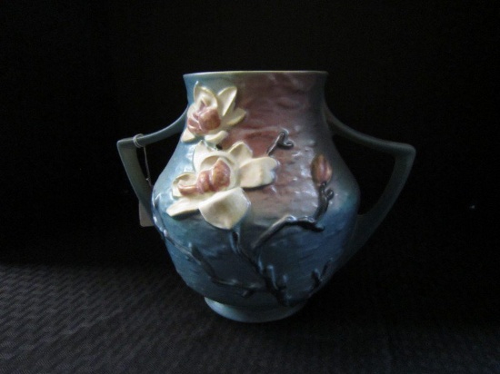 Roseville U.S.A. 91-8 Ceramic Jar w/ Handles w/ Rose/Floral Design, Blue/White/Pink