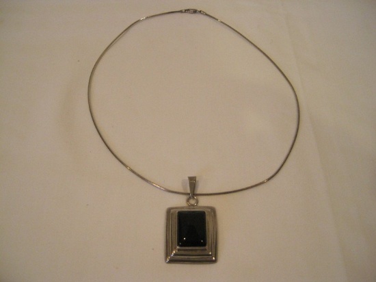 Mid-Century Modern Design Pendant Stamped 925 Mexico w/ Onyx & Cable Chain