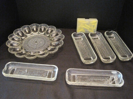 Lot - Pressed Glass Deviled Egg Plate, Corn Holders, & 5 Dishes