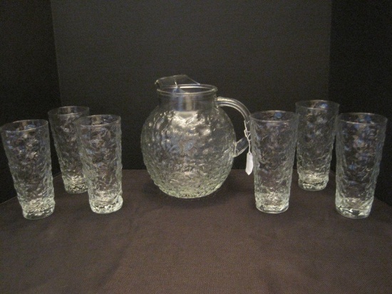 Retro Anchor Hocking Lido Milano Ball Pitcher w/ Ice Lip & 6 Tumblers