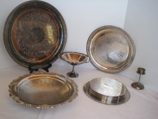 Silverplate Lot - Engraved Traditional Design Trivets, Trays, Compote & Footed Bowl