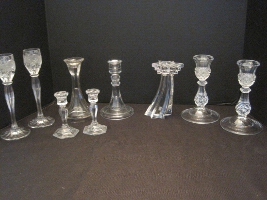 Lot - Crystal Candle Sticks Shooting Star 5 3/4", Reed w/ Frosted Rose Pattern 8"