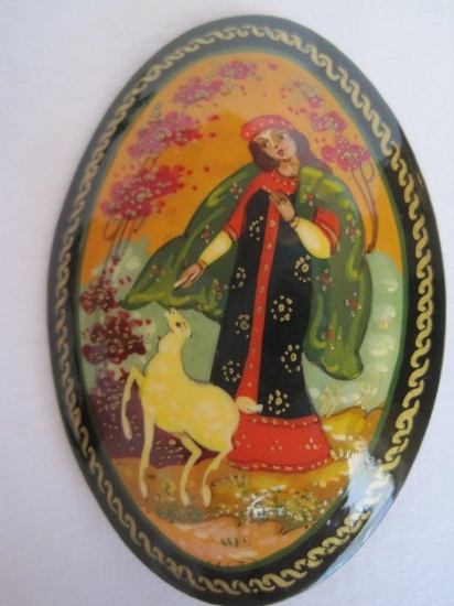 Russian Hand Painted Brooch Maiden Landscape Background Lacquer Finish Signed on Back