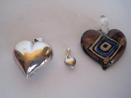 Lot - Stamped 925 Heart Pendant, Art Glass Hand Crafted 2" Pendant