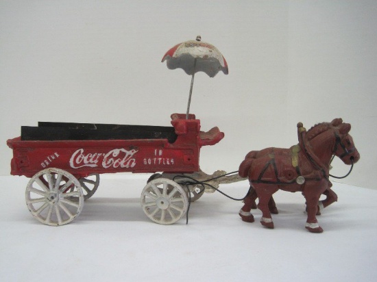 Cast Iron Coca-Cola Horse Drawn Wagon w/ 2 Crates & Umbrella