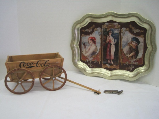 Lot - Early Drink Coca-Cola Bottle Opener, Wooden Wagon & Reproduction Tray